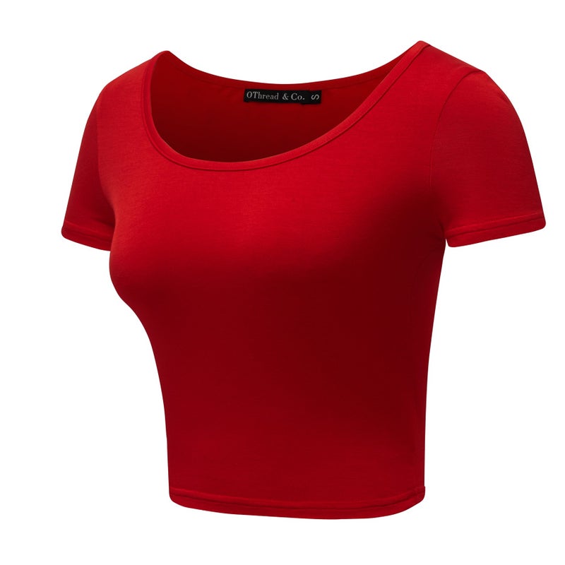 OThread & Co. Women's Basic Crop Tops Stretchy Casual Scoop Neck Cap Sleeve Shirt (Medium, Red) - Image 2